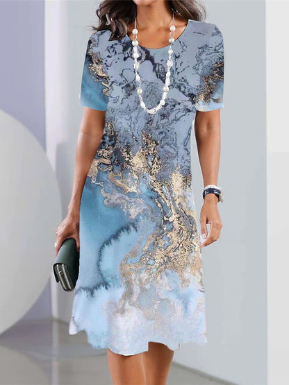 Vestido informal de manga corta con cuello redondo y estampado geométrico para mujer