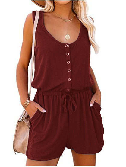 Summer Women Fashion Casual Solid Color Sleeveless Defined Waist Lace-Up Rompers
