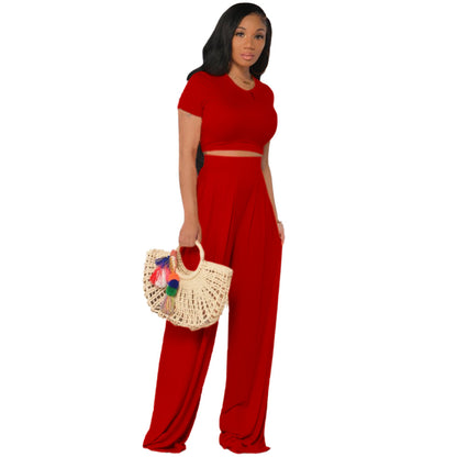 Conjunto de dos piezas de top corto y pantalón de color liso, manga corta, color naranja, informal y vanguardista para mujer