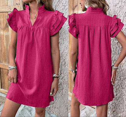 Women Fashion Casual Solid Color Multi-Layer Lotus Leaf Sleeve V-Neck Dress