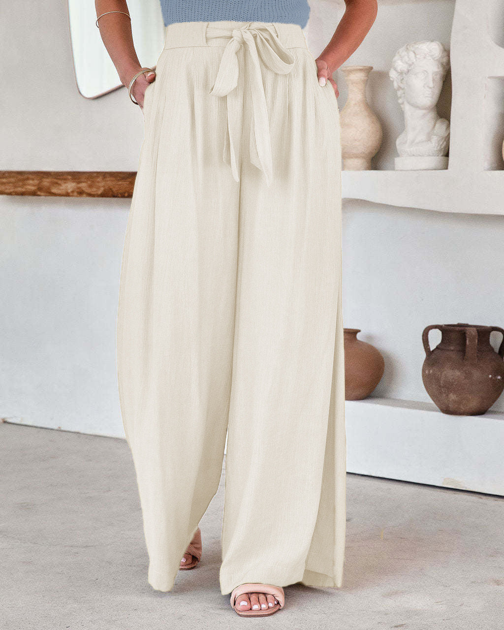 Pantalones anchos de encaje de cintura alta de color sólido casuales de moda de verano para mujer