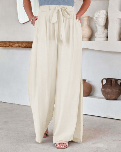 Pantalones anchos de encaje de cintura alta de color sólido casuales de moda de verano para mujer