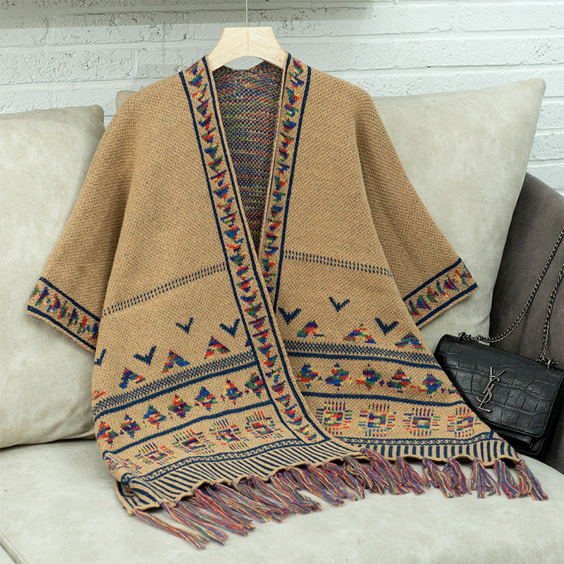 Capa con borlas de jacquard geométrico informal a la moda para mujer, estilo occidental, otoño e invierno