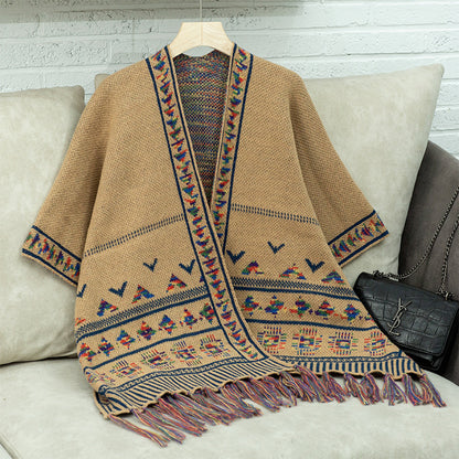 Capa con borlas de jacquard geométrico informal a la moda para mujer, estilo occidental, otoño e invierno