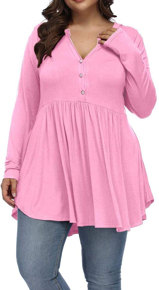 Camiseta informal de manga larga plisada con botones y escote en V de color liso para mujer, talla grande