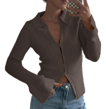 Women Casual Solid Color Lapel Long Sleeve Knitted Sweater