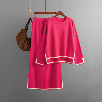 Conjunto de dos piezas de pantalón ancho de punto de manga larga con abertura en contraste para mujer, informal, para otoño e invierno