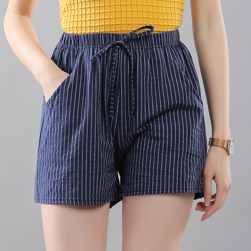 Women Casual Cotton Loose Stripe Lace-Up Shorts