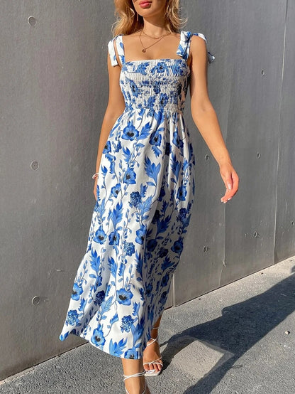 Vestido largo informal con cintura elástica definida y estampado floral para vacaciones de verano para mujer