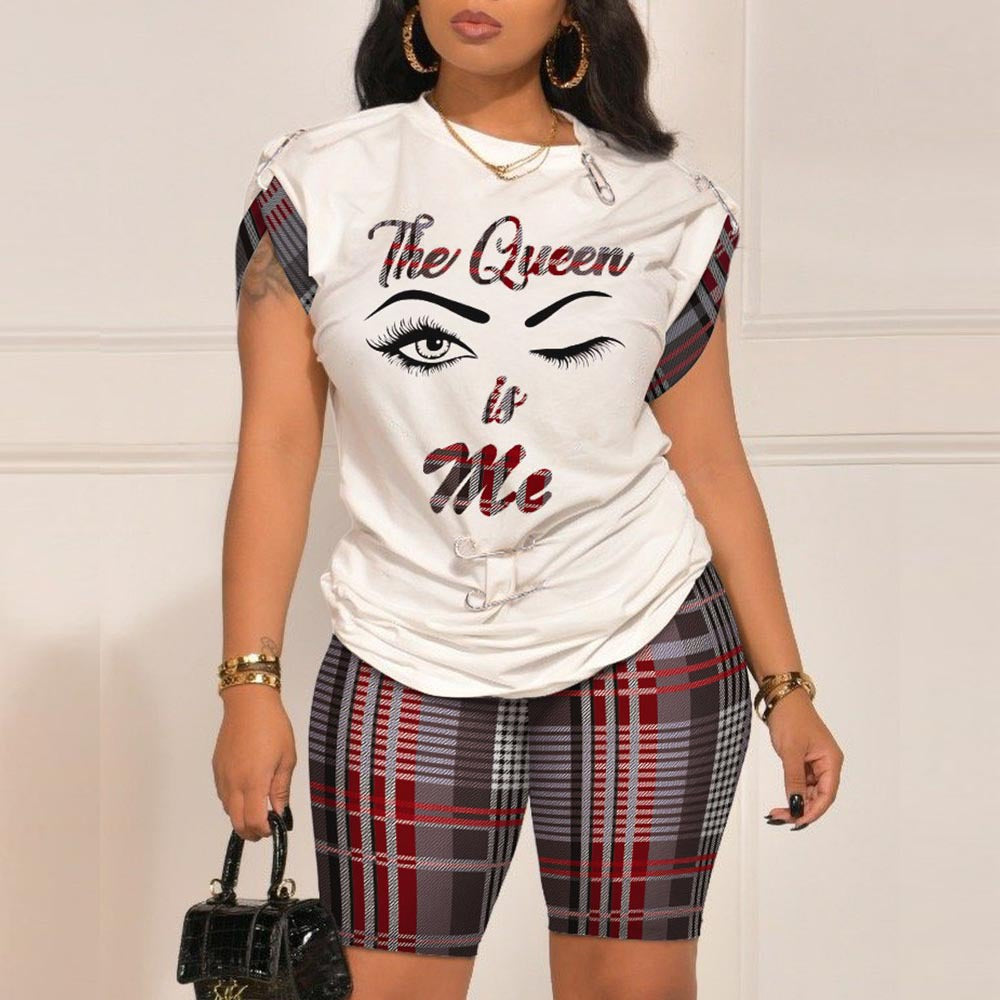 Women Summer Fashion Casual Round Neck Graphic Print Short Sleeve Top High Waist Shorts Set
