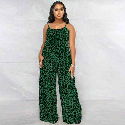 Summer Women Fashion Casual Leopard Printed Sling Wide Leg Jumpsuits