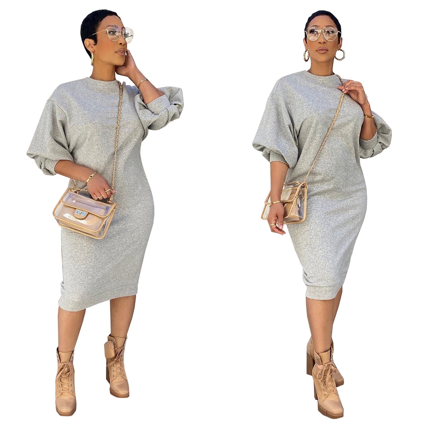 Women Fashion Casual Solid Color Loose Dress