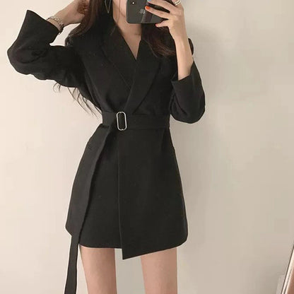 Women Fashion Temperament Mid-Length Casual Belt Blazer