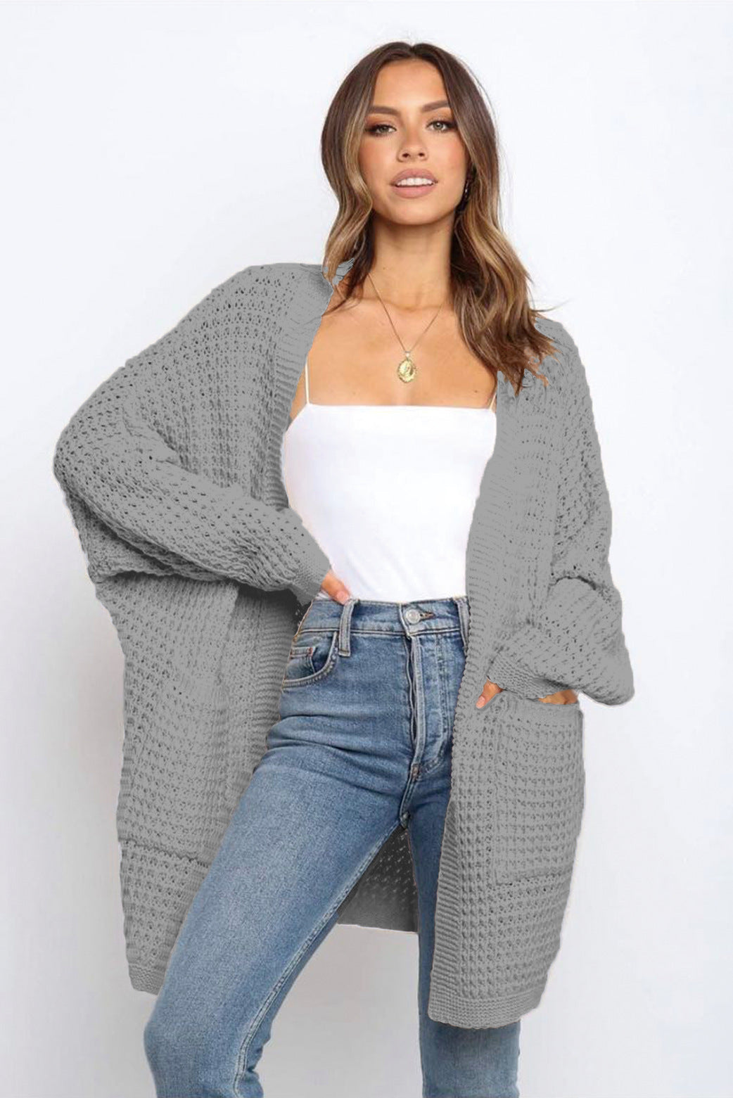 Women Solid Color Long Sleeve Knit Loose Casual Cardigan Coat