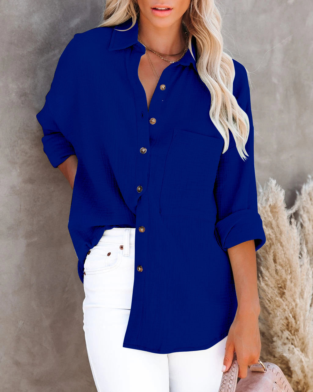Blusa informal de lino y algodón con botones, cuello en V y manga larga para mujer