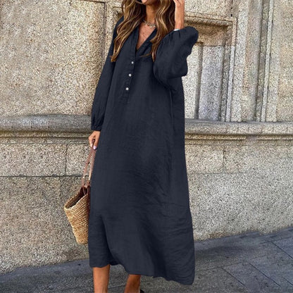 Women Fashion Casual Solid Color V-Neck Button Long Sleeve Dress