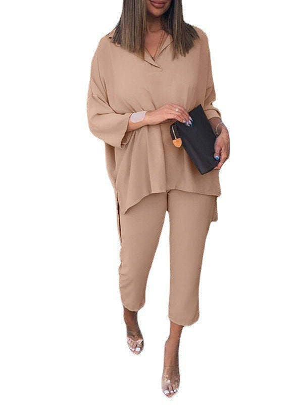 Conjunto de dos piezas de top y pantalón de manga larga con cintura elástica informal de algodón de color liso para mujer