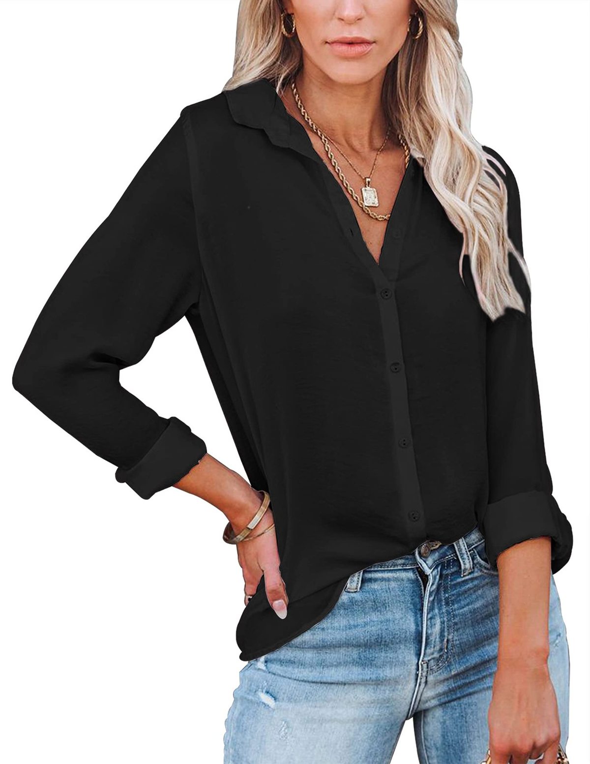 Blusa informal sencilla de manga larga con solapa en color liso para mujer