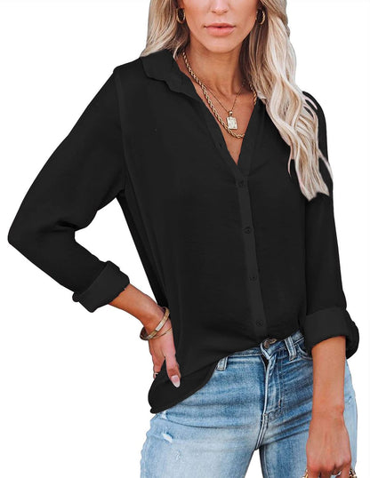 Blusa informal sencilla de manga larga con solapa en color liso para mujer