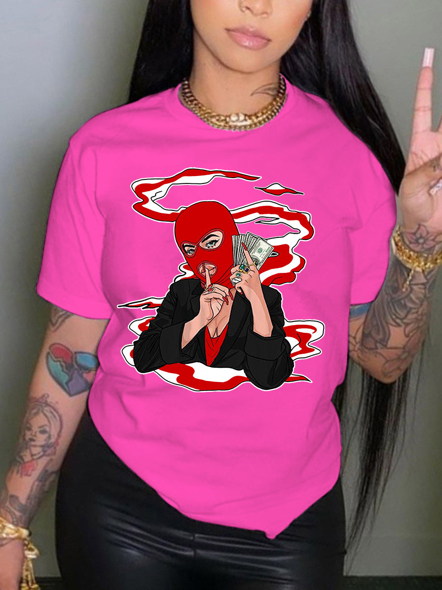 Camiseta informal holgada de talla grande para mujer, cuello redondo, manga corta, capucha, estampado gráfico "Toma dinero" para hombre