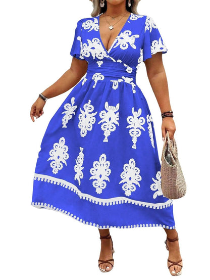Women Fashion Casual Plus Size Geometric Print V-Neck Short-Sleeve Dress