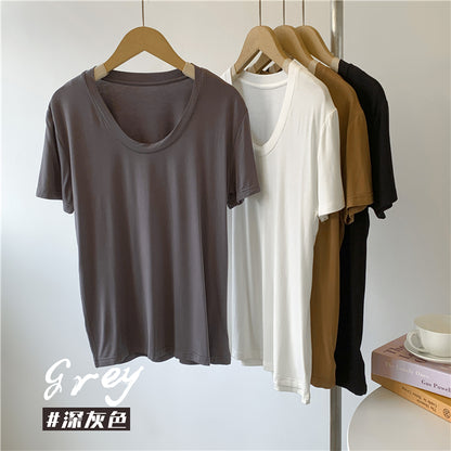 Camiseta informal de verano para mujer, color liso, cuello en U, manga corta, sin mangas