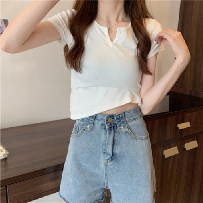 Women Casual Solid Color Short Sleeve Cropped Top Tee