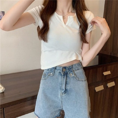 Women Casual Solid Color Short Sleeve Cropped Top Tee