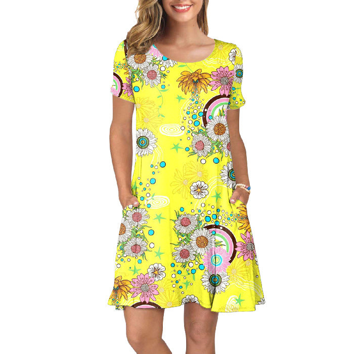 Crewneck Floral Sunflower Printed Women Casual Short Sleeve Pocket Dress