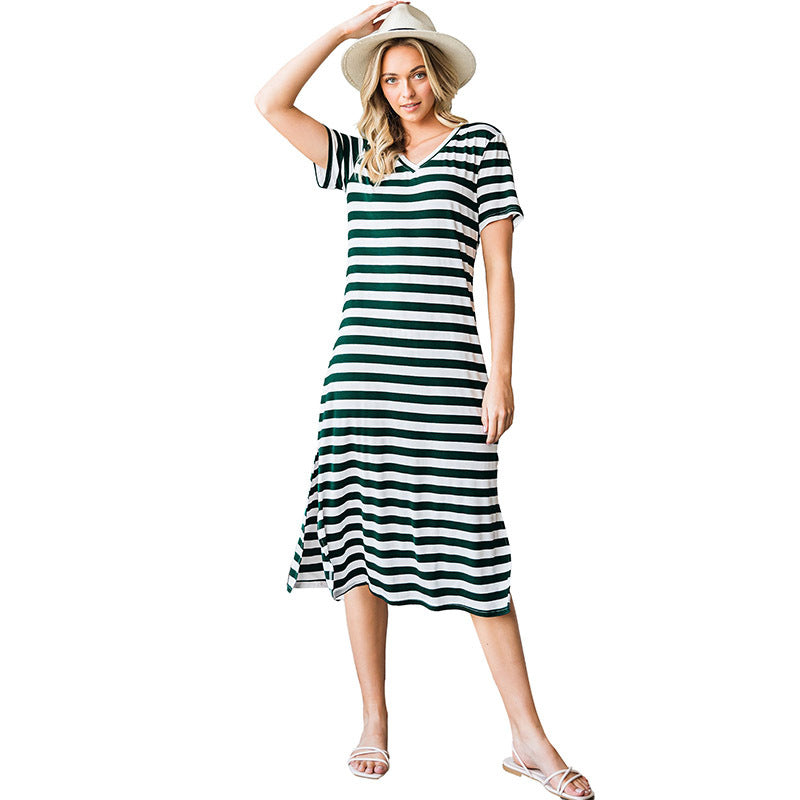Women Fashion Casual Black White Stripe Printed V-Neck Short Sleeve Side Slit Dress