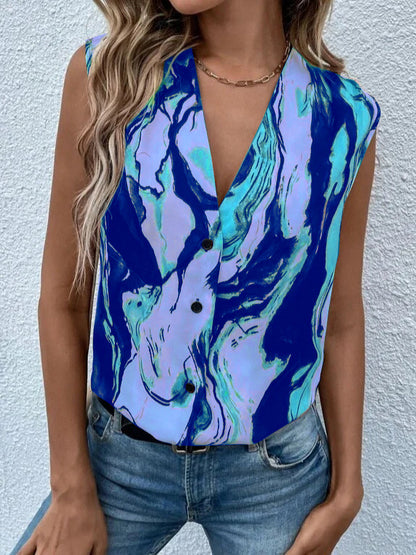 Blusa informal de verano para mujer, sin mangas, con cuello en V, estampado de mármol y teñido anudado