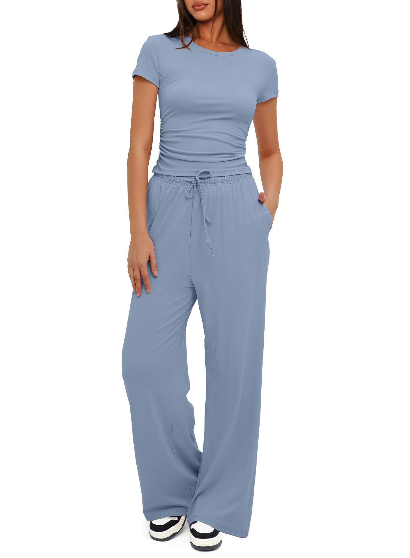 Conjunto deportivo informal de color liso para mujer, con top de manga corta y cintura alta y pantalones anchos