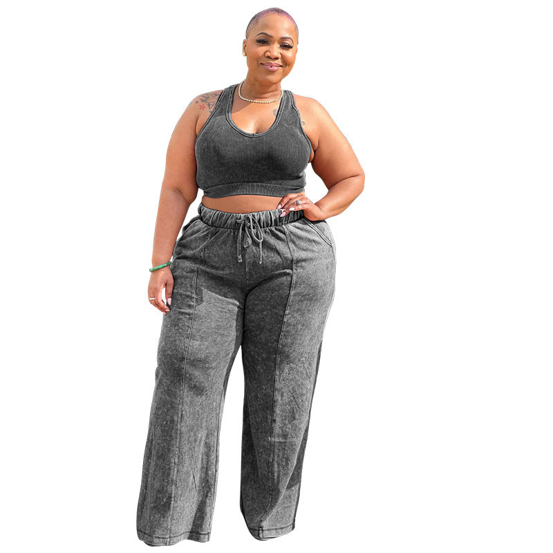 Casual Fashion Plus Size Women Athleisure Solid Color Crop Top And Pants Set