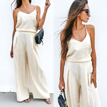 Conjunto informal de dos piezas para mujer: top con tirantes de color liso y pantalones anchos