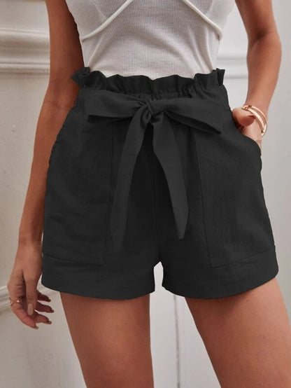 Women Casual Solid Color High Waist Bowknot Lace-Up Loose Shorts
