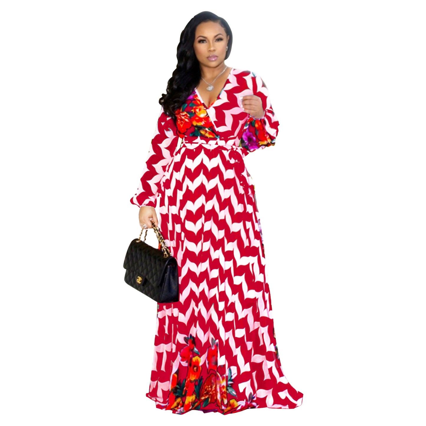 Women Fashion Casual Digital Printing V-Neck Long Sleeve Loose Dress