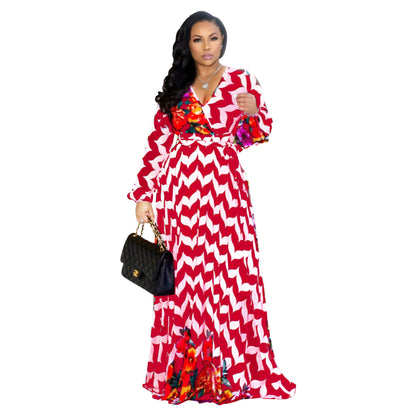 Women Fashion Casual Digital Printing V-Neck Long Sleeve Loose Dress