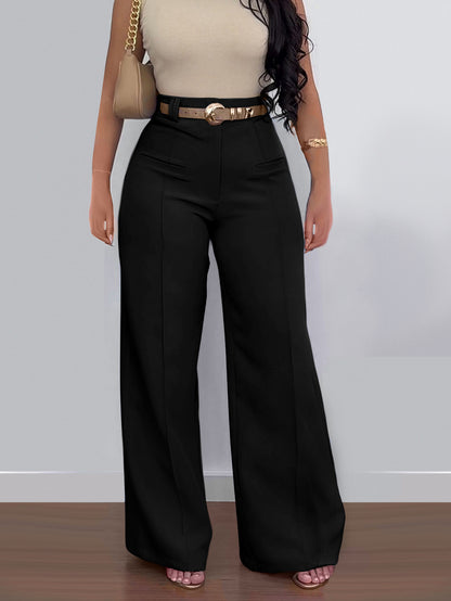 Pantalones casuales de pierna ancha y holgados de color sólido para mujer