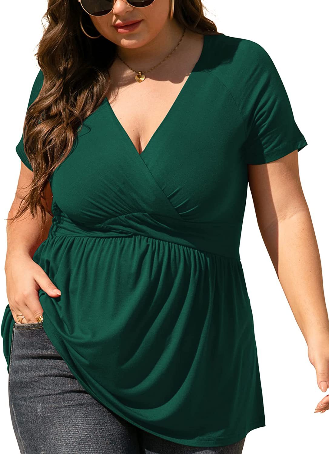 Women Fashion Casual Solid Color V-Neck Short Sleeve Plus Size Top