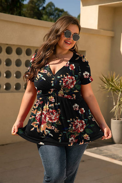 Blusa informal de verano con cuello en V y manga corta con estampado floral para mujer, talla grande