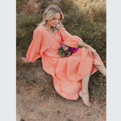 Bohemian Women Casual Solid Color Loose Long Sleeve Maxi Dress