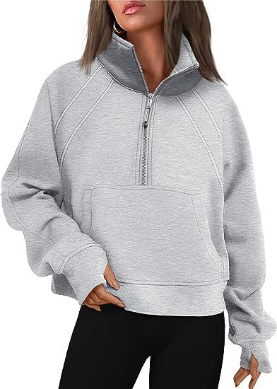 Sudadera informal de invierno para mujer, color liso, con cuello con cremallera y forro polar