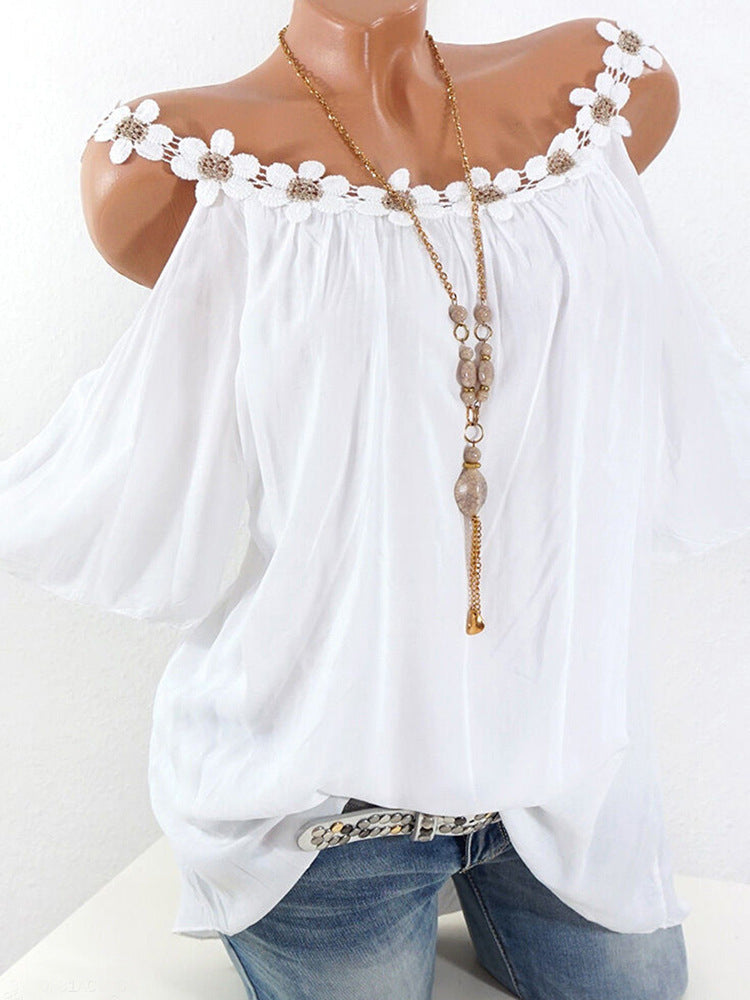 Blusa informal de verano con cuello redondo y encaje de color liso para mujer