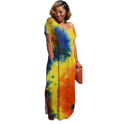 Women Casual Short Sleeves Tie Dye Fashion V Neck Loose Side-slit Maxi Dress