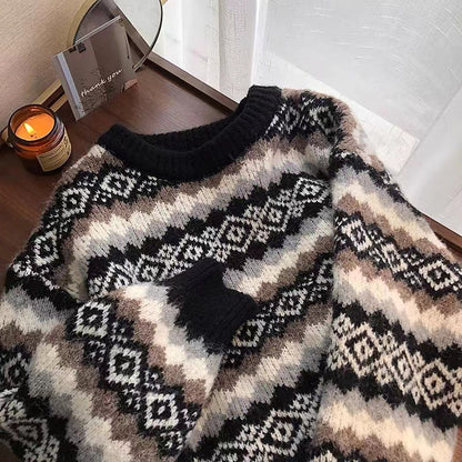Loose Casual Rhomboid Jacquard Women Knitted Winter Autumn Sweater