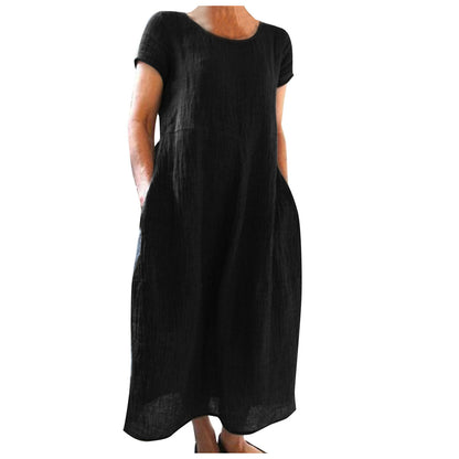 Women Solid Color Casual Loose Cotton And Linen Dress