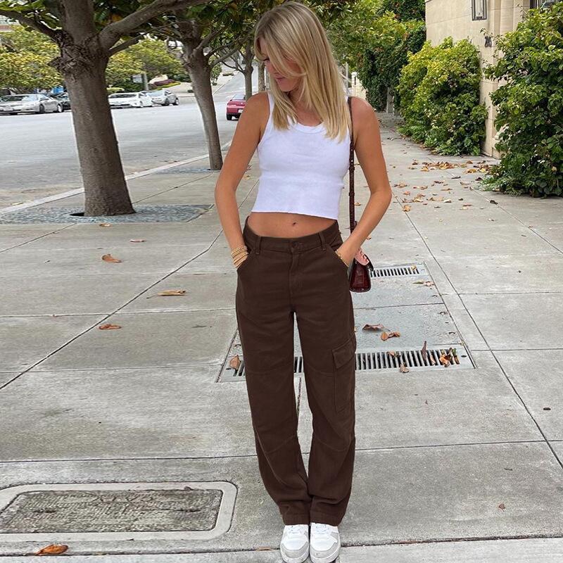 Pantalones vaqueros cargo de mezclilla de color sólido con cintura alta y bolsillos casuales para mujer