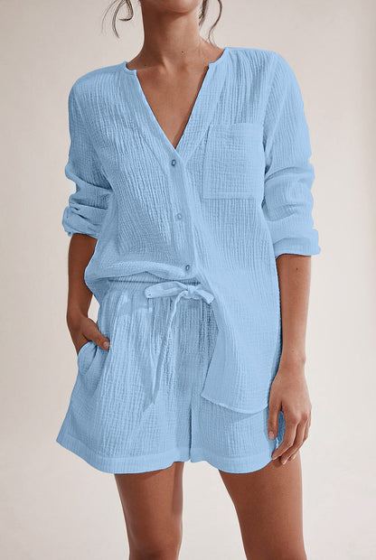 Conjunto de pijama informal de algodón de doble gasa de color liso y manga larga para mujer