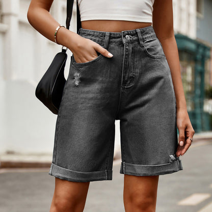 Women Casual Ripped Cropped Denim Shorts