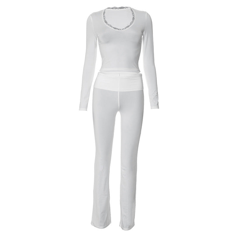 Conjunto de dos piezas formado por top corto, pantalón y manga larga, cuello en V y cintura alta, informal, para mujer